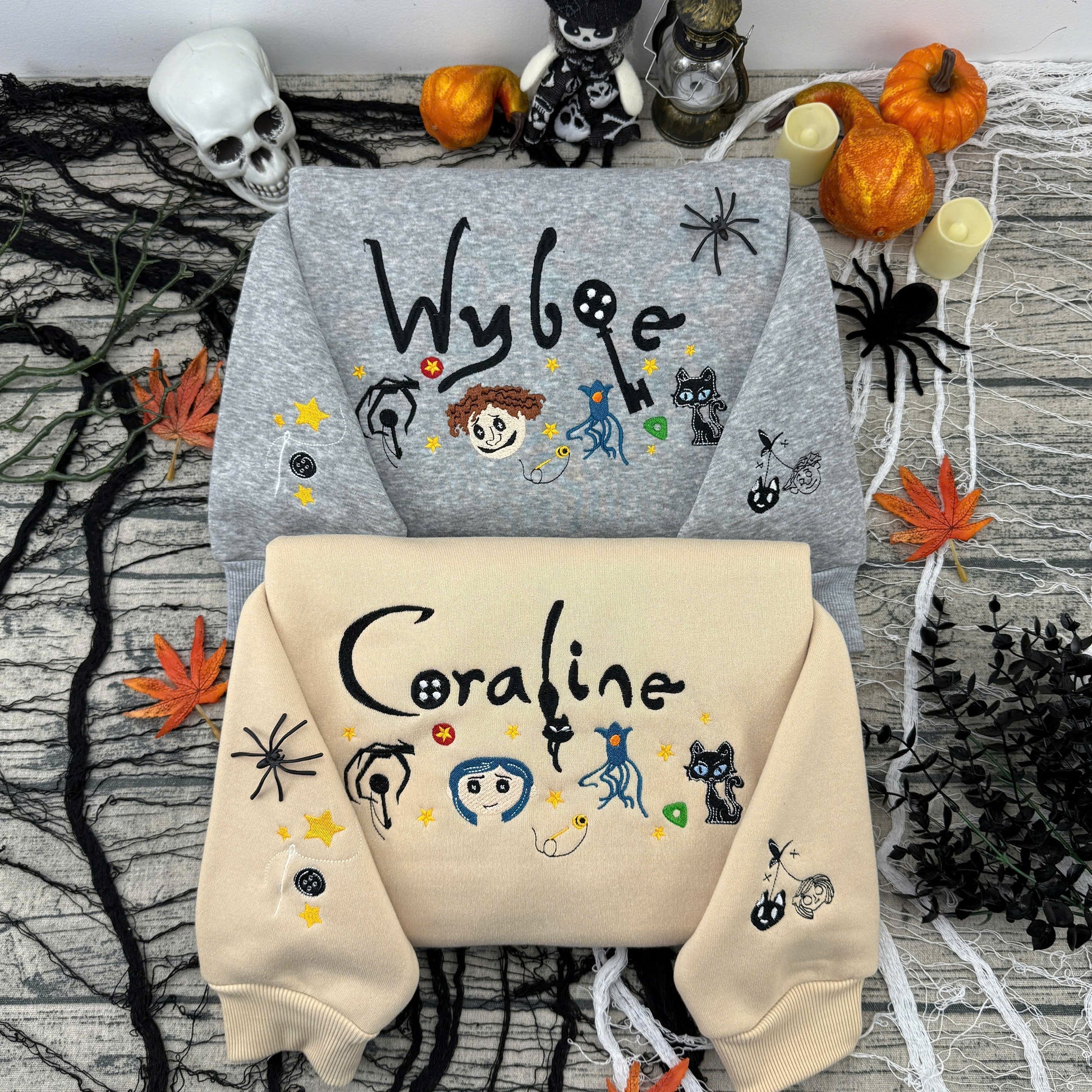 W & C - Haloween Embroidered – Cute Couple Cartoon Style Embroidered Sweatshirt / Hoodie / T-Shirt